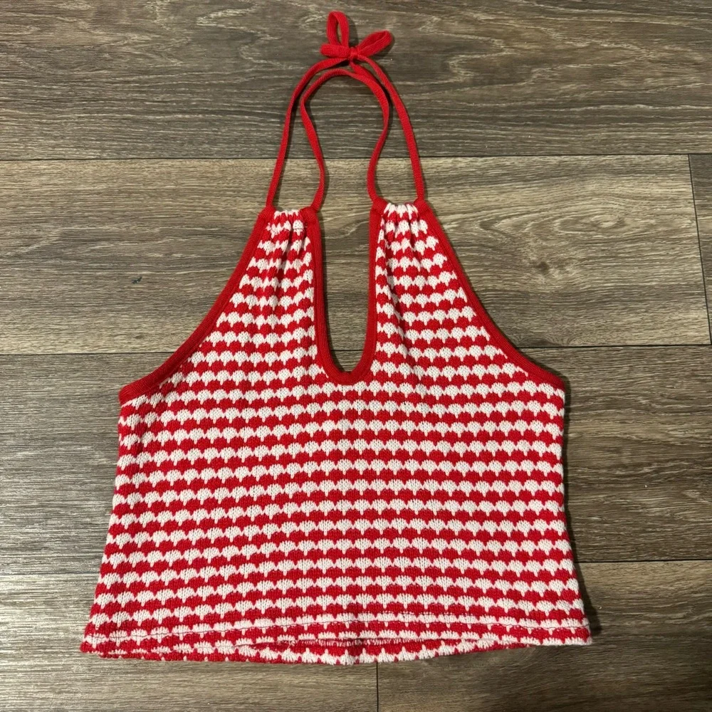 ZARA crochet halter tie crop top! Sleeveless red and white - Picture 8 of 11